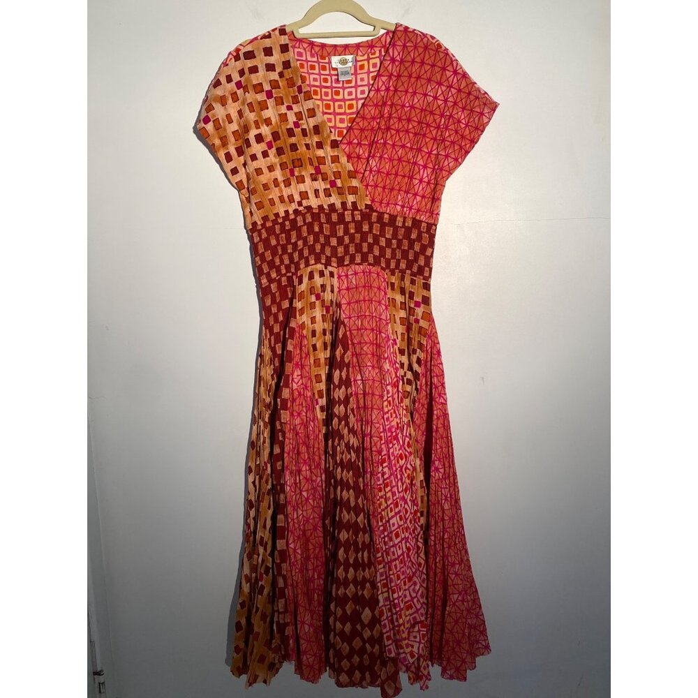 Sandy starkman Womens Vibrant  Midi Dress L 100% Cotton Pink & Orange Geometric